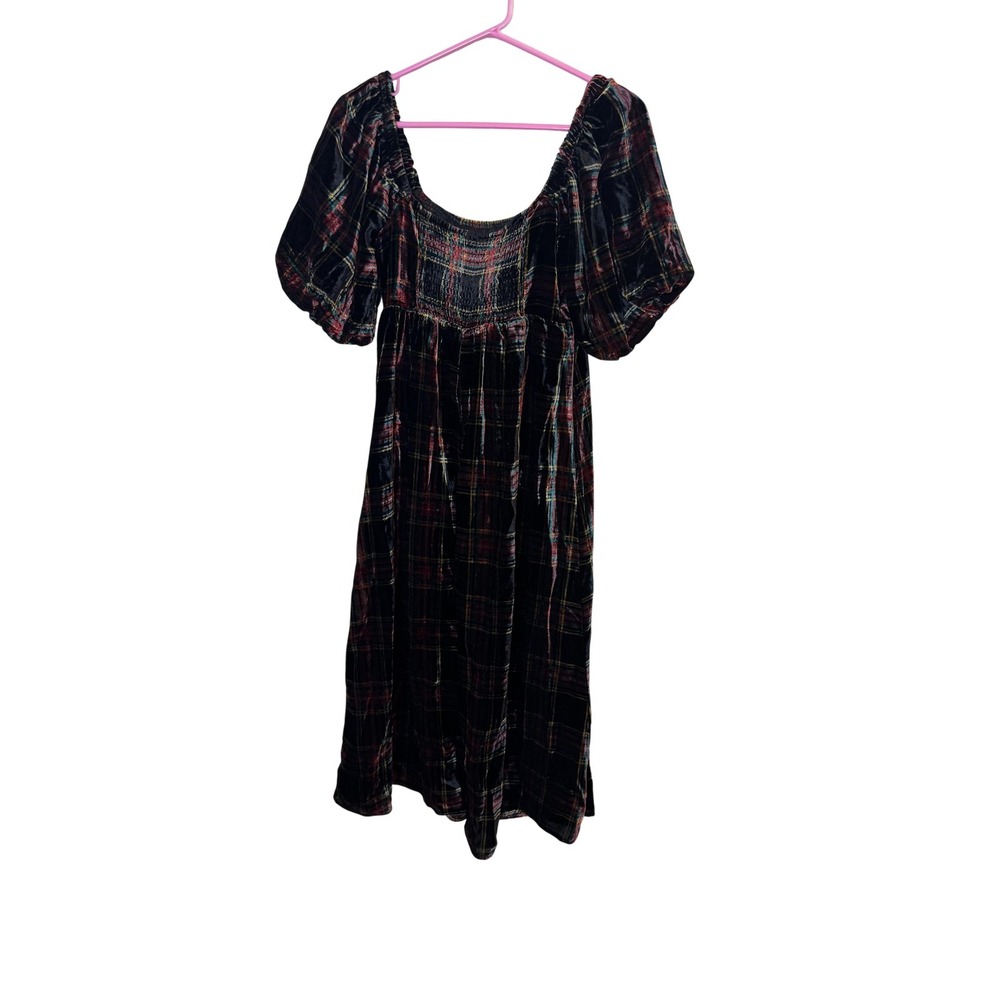 New York & Company Dress Womens XS Black Plaid Velvet Puff Sleeve Midi Sundress